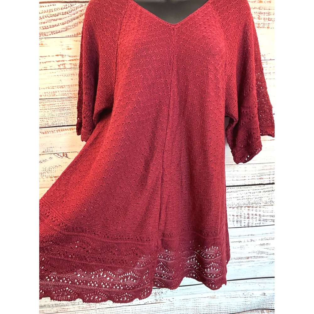 Burgundy Red Knit V Neck Tunic Mini Dress S/M Crochet Lace Boho Witchy Whimsical